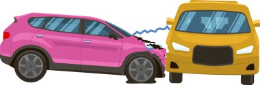 İki araba trafik kazasına karışmış. Pembe bir SUV sarı bir arabaya çarpmış. Her iki araçta da gözle görülür bir hasara sebep olmuş.