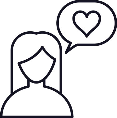 Minimalist vektör illüstrasyonunda bir kadın, bir kalp sembolü ile bir konuşma balonunda aşkını ifade ederken, romantik temalar için sevgi ve pozitif duygular yayar.