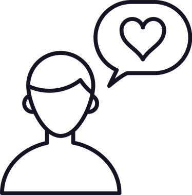 Basit, minimalist çizgi sanat simgesi kalp içeren bir konuşma baloncuğu, sevgi, şefkat, sevgi, romantizm, pozitif duygular ve iyi ilişkileri simgeleyen bir insan.