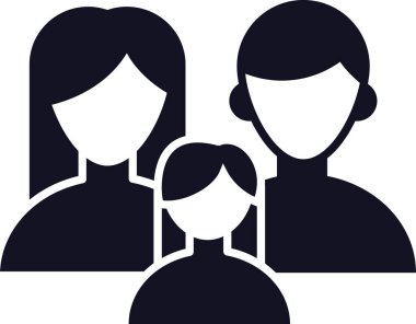 Bir anne, baba ve kızdan oluşan bir aile birimini tasvir eden biçimlendirilmiş vektör grafiği, aile değerlerini, ilişkileri ve ebeveyn sevgisini sembolize ediyor.