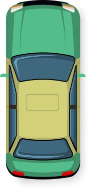 Yeşil bir arabanın parkettiği, çatısını, kaputunu, ön camını, arka camını ve stop lambalarını gösteren hava manzarası, ulaşım veya otomotiv projeleri için ideal