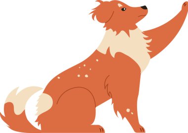 Illustration of a friendly collie dog with a raised paw, showcasing its fluffy coat and attentive expression. Perfect for pet related designs and animal themed projects clipart