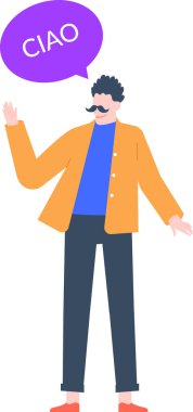 Bıyıklı genç bir İtalyan adam, neşeli bir şekilde el sallıyor ve merhaba diyor. Yanında da bir konuşma balonu var. Ciao sergiliyor.
