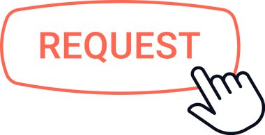 Bir elin istek düğmesine tıklaması, çevrimiçi etkileşimi ve dijital iletişimi sembolize ediyor. Düğme koyu metin ile kırmızıya çizilmiş, eylemi vurguluyor