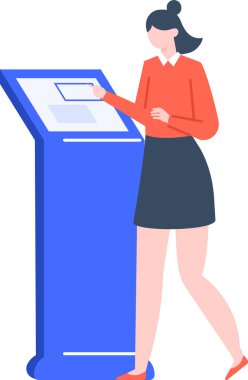 İş kadını, dokunmatik ekran arayüzü ile etkileşimli kiosk kullanarak bilgi seçer veya kişisel ödeme terminali, vektör illüstrasyonu kullanır