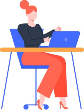 Ofis çalışanı masa başında oturup video konferansı yapıyor işaret veriyor, internetten iletişim kuruyor, evden ya da ofisten uzaktan çalışıyor, serbest çalışıyor, çevrimiçi eğitim veriyor.