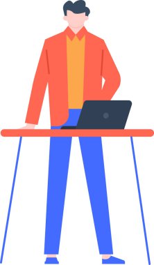 Modern office worker standing at a high desk with a laptop, showcasing efficiency and contemporary work practices in a vibrant, collaborative environment clipart