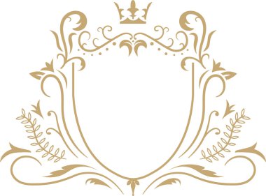 Zarif bir altın çiçek arması bir taç ile süslenir, boş bir alanı çerçeveler ve kaliteli davetiyeler veya markalaşma için mükemmel sofistike bir kraliyet tasarımı yaratır.