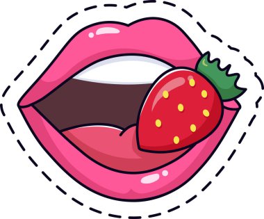 Çıkartmalar, yamalar, baskılar veya sosyal medya içerikleri için ideal diş şekilli çizgi film çizimleri ile çevrili çilek ısıran seksi pembe dudakların çizimi