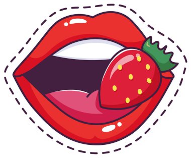 Çizgi filmlerdeki gibi seksi kırmızı dudaklar diliyle çileği ısırıyor, beyaz arka planda izole edilmiş, kesik kenarlı.