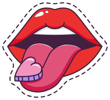 Kırmızı dudaklar, kalp şeklinde şekerlemeler tutarken dillerini şakayla uzatıyor. Etrafı kesik çizgilerle çevrili. Sevgililer Günü ya da romantik temalı herhangi bir proje için mükemmel.