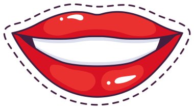 Parlak kırmızı dudaklar parlak bir şekilde gülümsüyor, beyaz dişleri gözler önüne seriyor, pop sanatı tarzı bir güzellik ve moda illüstrasyonu yaratıyor, ağzı vurguluyor.