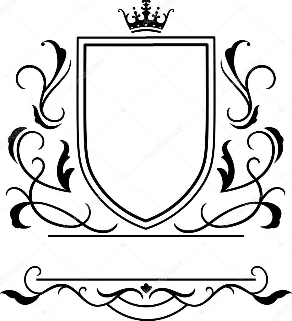 Heraldic shield adorned with a majestic crown and intricate floral ornaments, creating a sophisticated royal emblem symbolizing nobility and timeless elegance