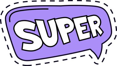 Canlı mor renkli konuşma balonu ve kalın beyaz harfli süper harf. Çizgili çizgilerle özetlenen tasarım, neşeli ve enerjik bir çizgi roman tarzı yakalıyor.