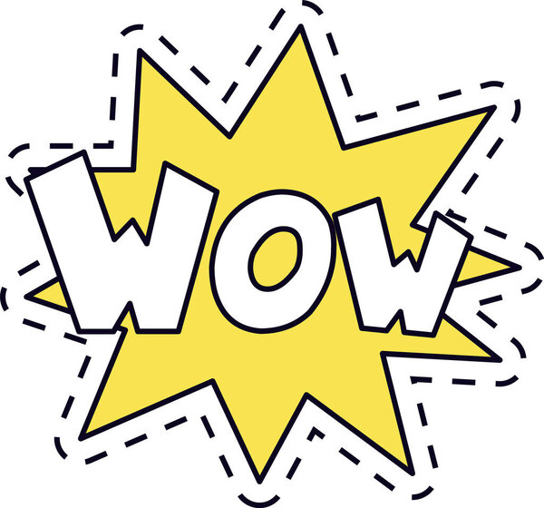 Желтая звезда со словом wow, выражающим удивление или восхищение, стиль поп-арта с пунктирной линией, идеально подходит для кокетства, рекламы или социальных сетей
