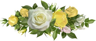 Yeşil yapraklı sarı ve beyaz güller içeren güzel bir çiçek aranjmanı. Düğün dekorasyonu, romantik ortamlar ya da doğa temalı tasarımlar için mükemmel.