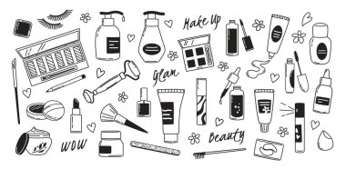 Doodle kozmetik ürünleri. El yapımı güzellik aksesuarları, makyaj malzemeleri, cilt bakımı şişeleri ve aletler. Ruj, rimel, krem ve oje izole edilmiş vektör seti.