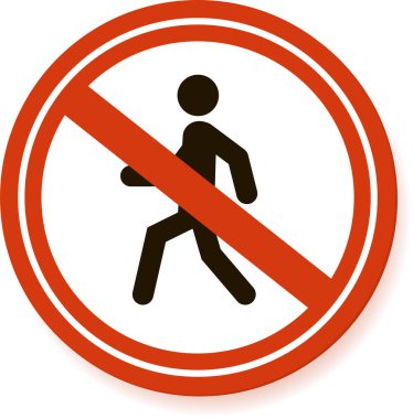 Red and white no pedestrian access sign, featuring a stick figure crossed out, conveying a clear message of restricted walking in a specific area, emphasizing safety and traffic regulations clipart