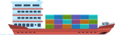Denizde bir sürü renkli konteynır taşıyan büyük bir kargo gemisi, düz bir vektör çizim tarzıyla malları okyanus ötesine taşıyor.