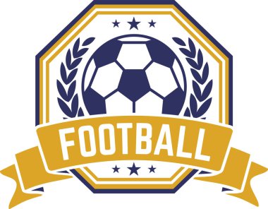 Futbol kulübü logosu, top, defne çelengi ve yıldızlı altın kurdele, spor ligleri, şampiyonluklar, yarışmalar ve turnuvalar için ideal.