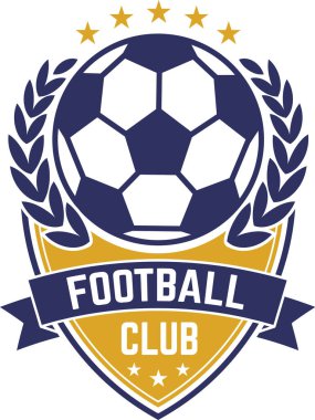 Top, defne çelengi, beş yıldız ve mavi arka planda beyaz FOOTBALL CLUB 'lu bir kurdele içeren bir futbol kulübü için şık bir vektör amblemi.