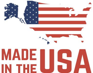 Amerikan bayrağının renkleri Amerika Birleşik Devletleri haritasını Amerikan ürünlerini ve ulusal gururu destekleyen aşağıdaki yazılar ile dolduruyor.