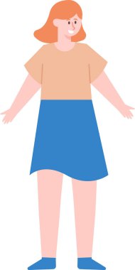 Bej tişört ve mavi etek giyen, kolları açık duran ve yüzünde bir gülümsemeyle yan bakan mutlu genç bir kadının tam boy vektör çizimi