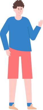 Kıvırcık saçlı, mavi uzun kollu gömlekli, kırmızı şortlu ve mavi çoraplı, sağ elini sallayarak beyaz bir arka planda izole edilmiş, dost canlısı genç bir adamın tam boy çizimi.