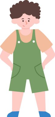 Elleri kalçasında duran, yeşil tulumlu ve kısa kollu tişörtlü, kendine güven ve çocukluk enerjisi taşıyan genç bir çocuğun tam boy vektör çizimi.