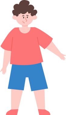 Kolları açık, somon tişörtü, mavi şort ve somon çoraplı gülümseyen genç bir çocuğun tam boy vektör çizimi, dostane ve misafirperver bir hava yayıyor.