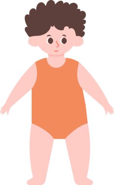 Turuncu bir beden giyen, kolları açık, beyaz bir arka planda izole edilmiş, çocuk bakımı ya da ebeveynlik projeleri için mükemmel, kıvırcık saçlı, sevimli bir çocuğun tam boy vektör çizimi