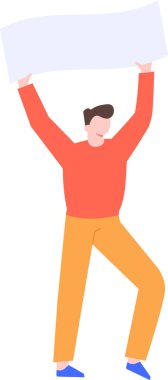 Elinde boş pankart tutan genç adam insan hakları, ifade özgürlüğü ve adaletsizliğe ve eşitlik ve vektör illüstrasyonuna karşı gösteri yapıyor.