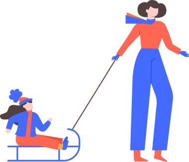 Kızakla çocuk çeken bir kadın tasviri. Her ikisi de kış için kalın giyinmiş, açık hava aktivitelerinin tadını çıkarıyorlar. Sahne, kışın neşesini ve basitliğini yakalar.