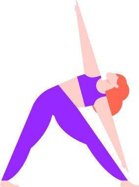 Kızıl saçlı kadın yoga üçgeni pozu veriyor, mor spor kıyafetleri giyiyor, beyaz arka planda, sağlıklı yaşam tarzını ve sağlığını fiziksel aktivitelerle destekliyor.