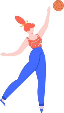 Voleybolu dinamik bir pozda sunan genç bir kadın, yoğun bir maç sırasında mavi pantolon ve turuncu bir bluz giyiyor, spora olan tutkusunu ve sporu gözler önüne seriyor.