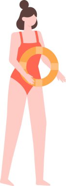 Kırmızı mayo giyen cankurtaran, elinde turuncu ve sarı bir can simidi tutuyor ve yaz mevsiminde sahilde güvenliği sağlıyor.