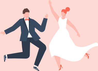 Damat ve gelin neşeyle zıplayarak ve dans ederek neşeli pembe bir arka plana karşı canlı bir vektör çiziminde düğün günlerini kutluyorlar.