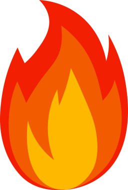 Yanan kırmızı ve turuncu çizgi film alevleri, temiz beyaz arka planda ateş ve şenlik ateşini temsil ederken ısı ve enerjiyi sembolize eden büyük bir ateş topu oluşturur.