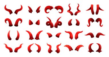 Cadılar Bayramı kırmızı şeytan boynuzları. İblis, şeytan veya şeytan boynuzu şekilleri, canavar fantezi aksesuarları. Çizgi film korkunç canavar boynuzu çiftleri izole vektör illüstrasyon seti.