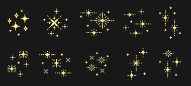 Piksel sanat pırıltısı. Yıldızlar, 8 bit parıltı, parlak piksel kıvılcımlar. Altın pikselli uzay yıldızı, geçmişe dönük atari oyunu sihirli elementleri. Şenlikli Noel havai fişek vektörü ayarlandı.