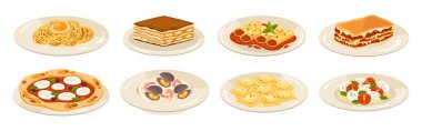 İtalyan mutfağı. Akdeniz yemeği lazanya, pizza ve ravioli, tiramisu ve risotto, caprese ve deniz ürünleri geleneksel İtalyan mutfağı yemeği. Çizgi film vektörü.