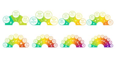 Fan bilgi şablonları. Yarı daire diyagramı, tavus kuşu kuyruğu grafiği. Çok aşamalı iş kurma sürecine sahip yarım daire renkli hayran bilgileri, takım çalışması akışı. Vektör seti.