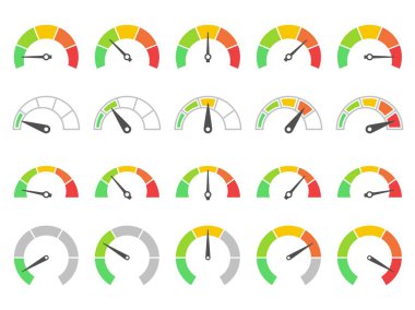 Hız göstergesi ölçer. Renkli gösterge paneli risk seviyeleri, aralık göstergeleri. UI analizleri, kredi skoru ve hız göstergesi, durum izleme bilgi grafiği. Vektör seti.