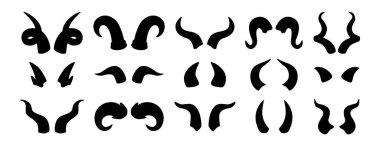 Şeytan boynuzları siluetleri. Şeytan boynuzu koleksiyonu, kara şeytan ya da şeytan boynuzu ikonları. Şeytani canavar fantezi aksesuarları. Gotik hayvan boynuzu, izole edilmiş vektör grafik elementlerini eşleştirir.