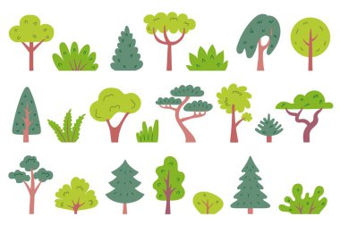 Ağaçlar ve çalılar. Basit yaprak döküntüleri, çam ağaçları ve çalılar. Yeşil yapraklı taçlı çizgi film ağacı. Orman, park ve bahçe manzarası, doğa yeşilliği için taşıyıcı elementler.