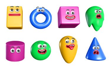Renkli plastik garip üç boyutlu şekiller. Komik yüz ifadeleri olan soyut geometrik figürler. Oyuncu şapşal yaratıklar karakter maskotları izole edilmiş çizgi film vektör çizimleri.