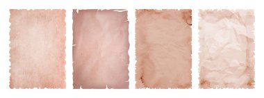 Eski kağıt çarşaflar. Yırtılmış parşömen arkaplanları, eski el yazması çarşaflar, yırtık kenarlı, buruşuk kağıt dokuları. Yıpranmış papirüs, antika belge maketi gerçekçi vektör kümesi.