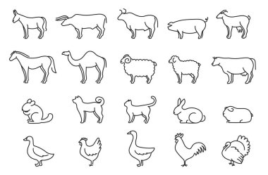 Doğrusal çiftlik ve evcil hayvanlar. Sürekli bir çizgi eşeği, boğa, domuz, keçi, at ve deve. Koyun, kuzu ve inek. Köpek, kedi ve kobay hayvanlar. Minimum memeliler ve kuşlar vektör çizimleri ayarlandı.
