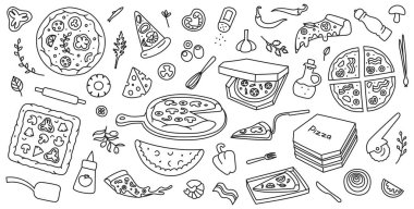 Dondurmalı pizza. Pizzacı menüleri, yemek tarifleri ve promosyon malzemeleri için elle çizilmiş pizza dilimleri, malzemeler ve teslimat kutuları. İzole vektör çizimleri ayarlandı.