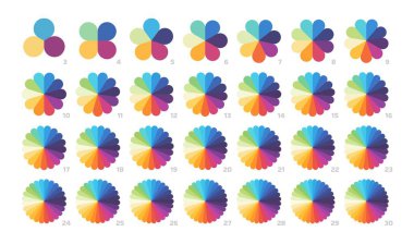 İnfografik segmentli çiçek turtası grafikleri. Yaprak rengi tekerlekleri, çok renkli dairesel segment diyagramı ve bilgi grafikleri, veri görselleştirme ve iş sunum vektörü kümesi için bölünmüş radyal şeması.